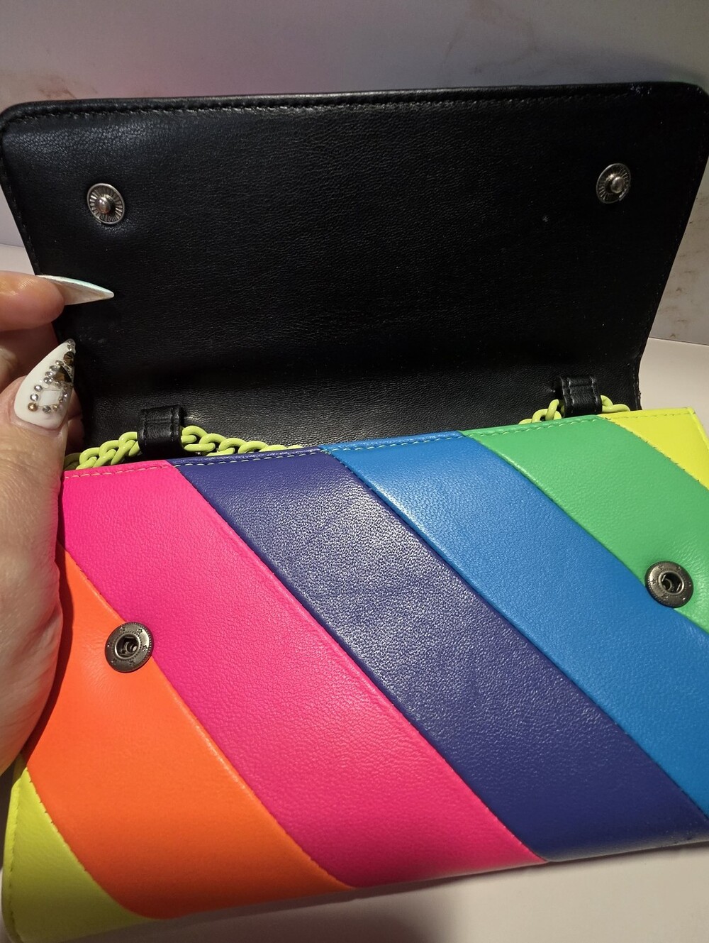 Kurt Geiger London Brixton Chain Wallet in Neon Rainbow. - Picture 4 of 8